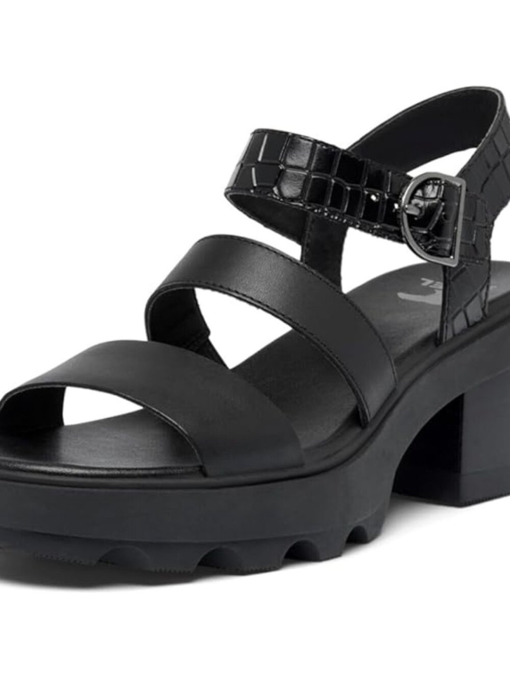 Sorel Black Triple-Strap Lug Sole Block Heel Sandal